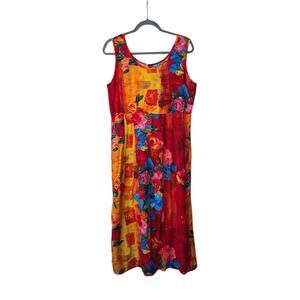 Jams World Tropical Floral Print Rayon Midi Colorful Retro Sundress, Size Medium